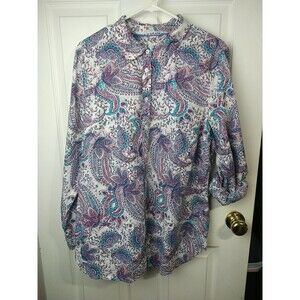 Talbots Woman XL Shirt Collared LS Roll Tab Paisley Workwear Casual Tunic Styled